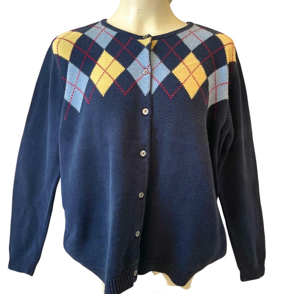 Liz Claiborne Lizsport Vintage 100% Cotton Blue Yellow Argyle Sweater Large